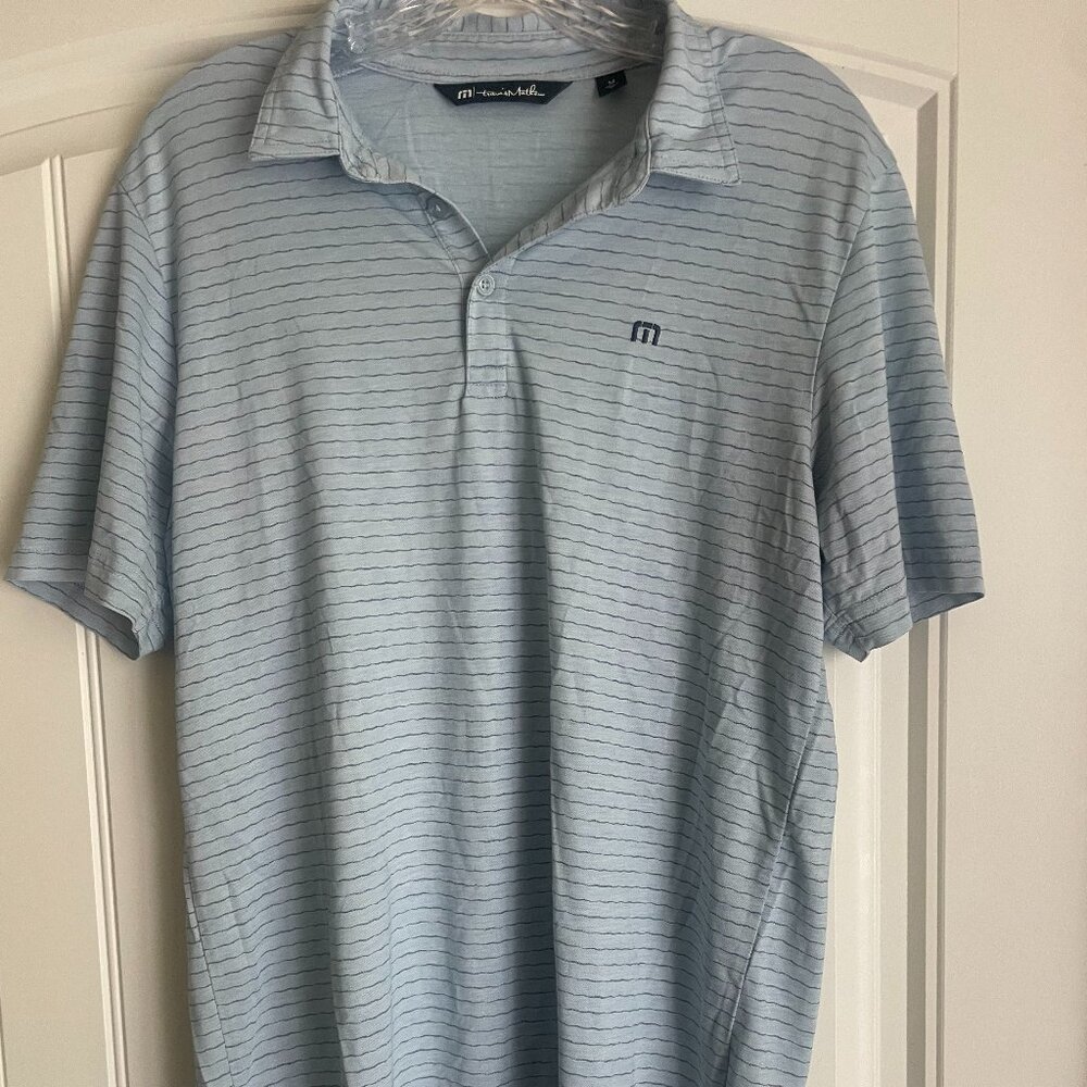 TravisMathew Striped Polo Shirt – Size M – Light Blue